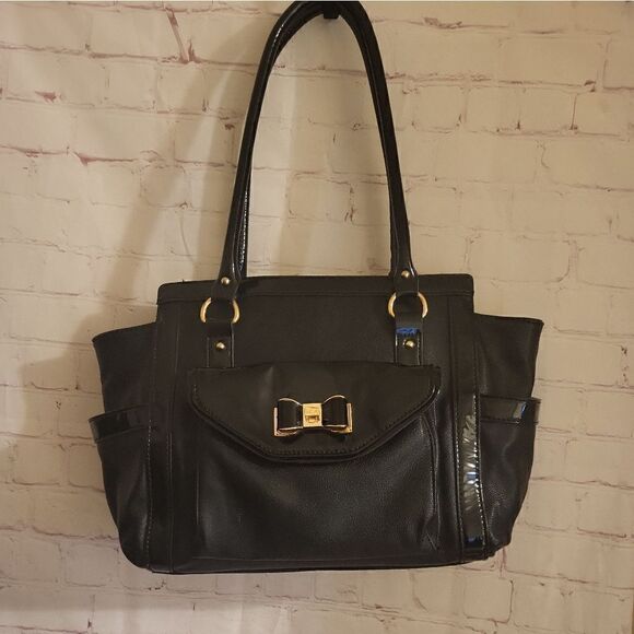 Lulu Guinness Black Vegan Leather Tote Bag /Shoulder Bag Bowtie Detail - Picture 1 of 11